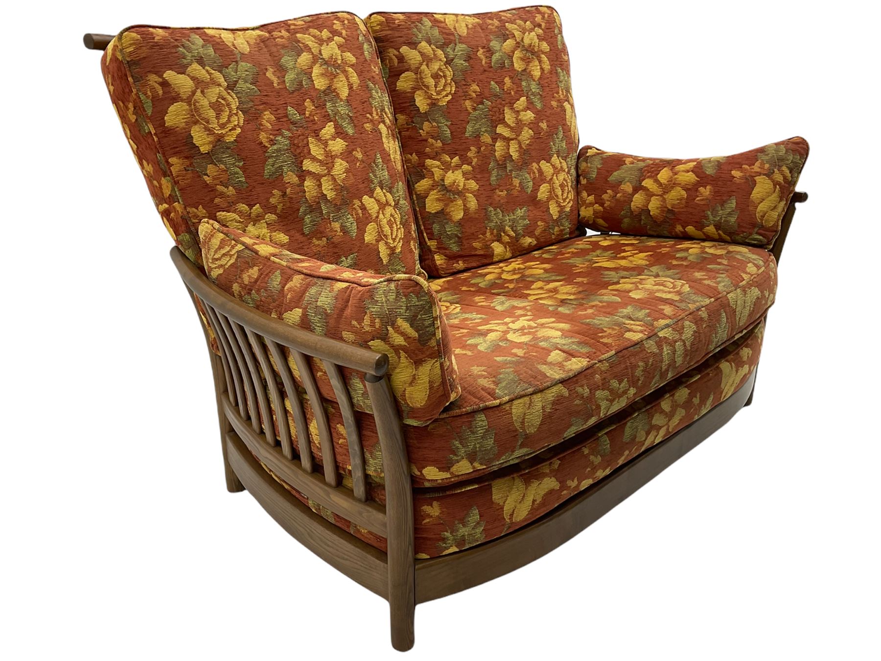 Ercol Renaissance elm two seat sofa, loose cushions in terracotta fabric