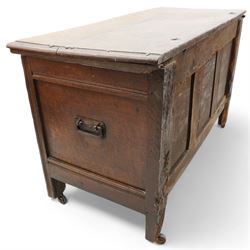 18th century oak blanket box, moulded rectangular hinged lid over lunette carved frieze rail and panelled front, moulded frame and panelled sides fitted with carrying handles, on stile supports