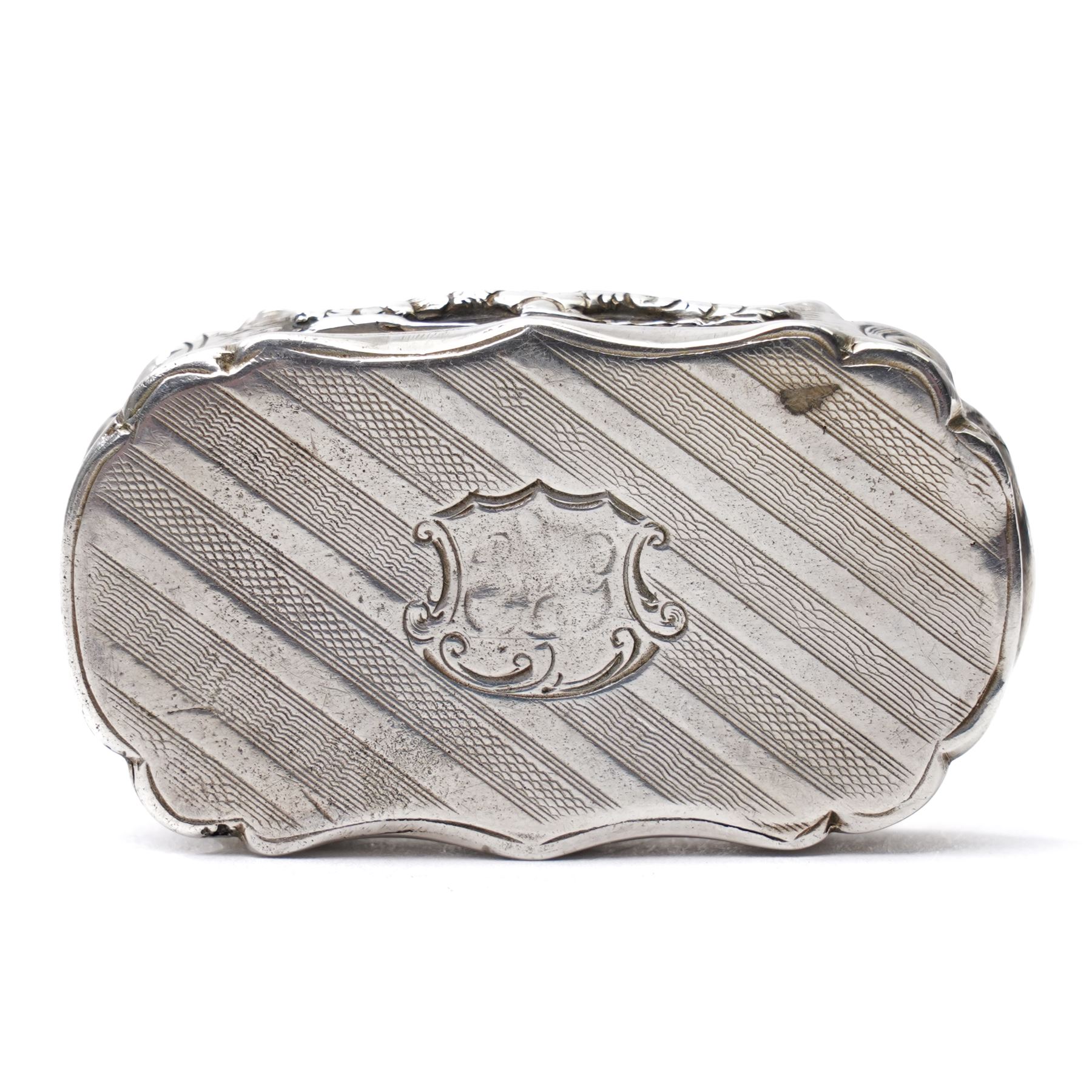 Victorian silver castle top vinaigrette engraved with a scene of Folkestone Harbour, hinged grille Birmingham 1846 Maker Nathaniel Mills