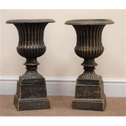  Pair classical style bronze finish urn, egg and dart rim detailing, on square tapering base, W28cm, H50cm, D28cm  