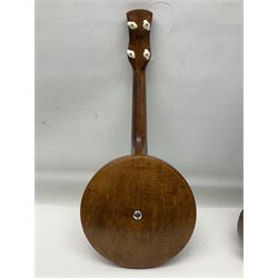 Trumelo BMI banjo ukulele no.3013 L58cm; in soft carrying case; and Kapok Brand guitar shaped ukulele L51cm (2)
