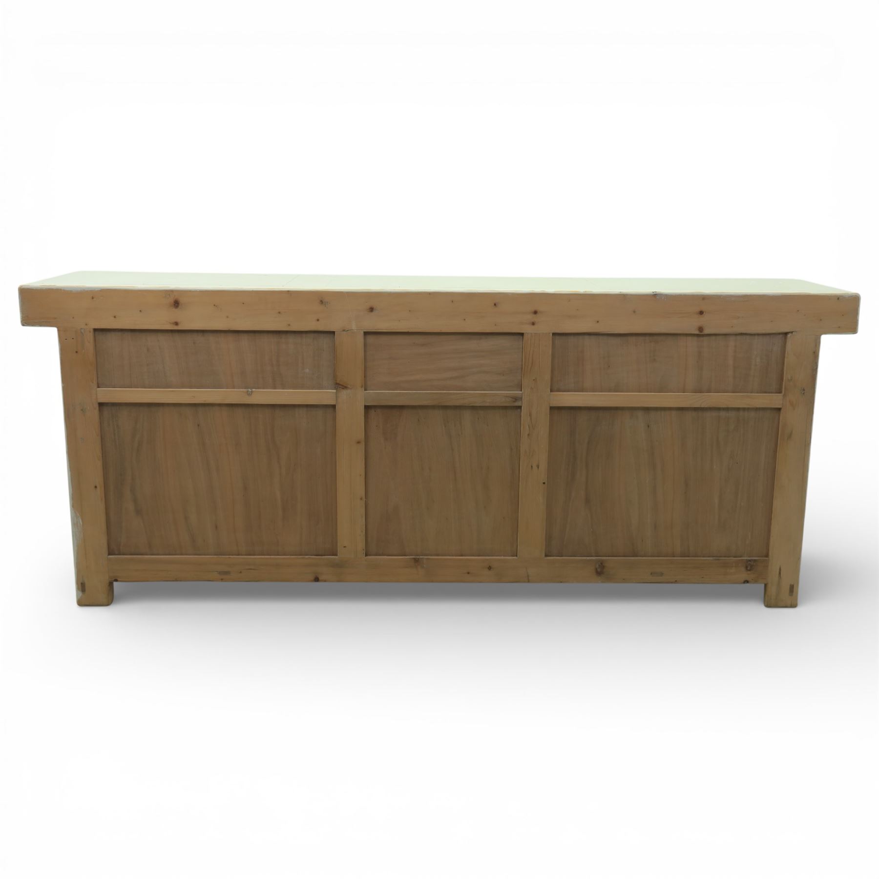Large painted pine dresser sideboard, fitted with three drawers and five cupboards