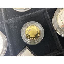 Single owner lifetime collection of mostly commemorative modern World coins with gold, silver and base metal examples, including two Queen Elizabeth II Bailiwick of Guernsey twenty-five pound gold coins 'The 1999 Royal Wedding' and '100th Anniversary of the End of the Victorian Era' 2001 each in 24 carat gold weighing 7.81 grams with certificates, silver coins commemorating the Millennium 2000 including Guyana sterling silver proof two-thousand dollars, Fiji sterling silver proof five dollars etc, silver coins from the Queen Elizabeth II Golden Jubilee Collection dated either 2002 or 2003 from Great Britain and the Commonwealth countries, United Kingdom commemorative crowns in card folders, The Royal Mint United Kingdom 1997 proof coin set in red folder without certificate etc