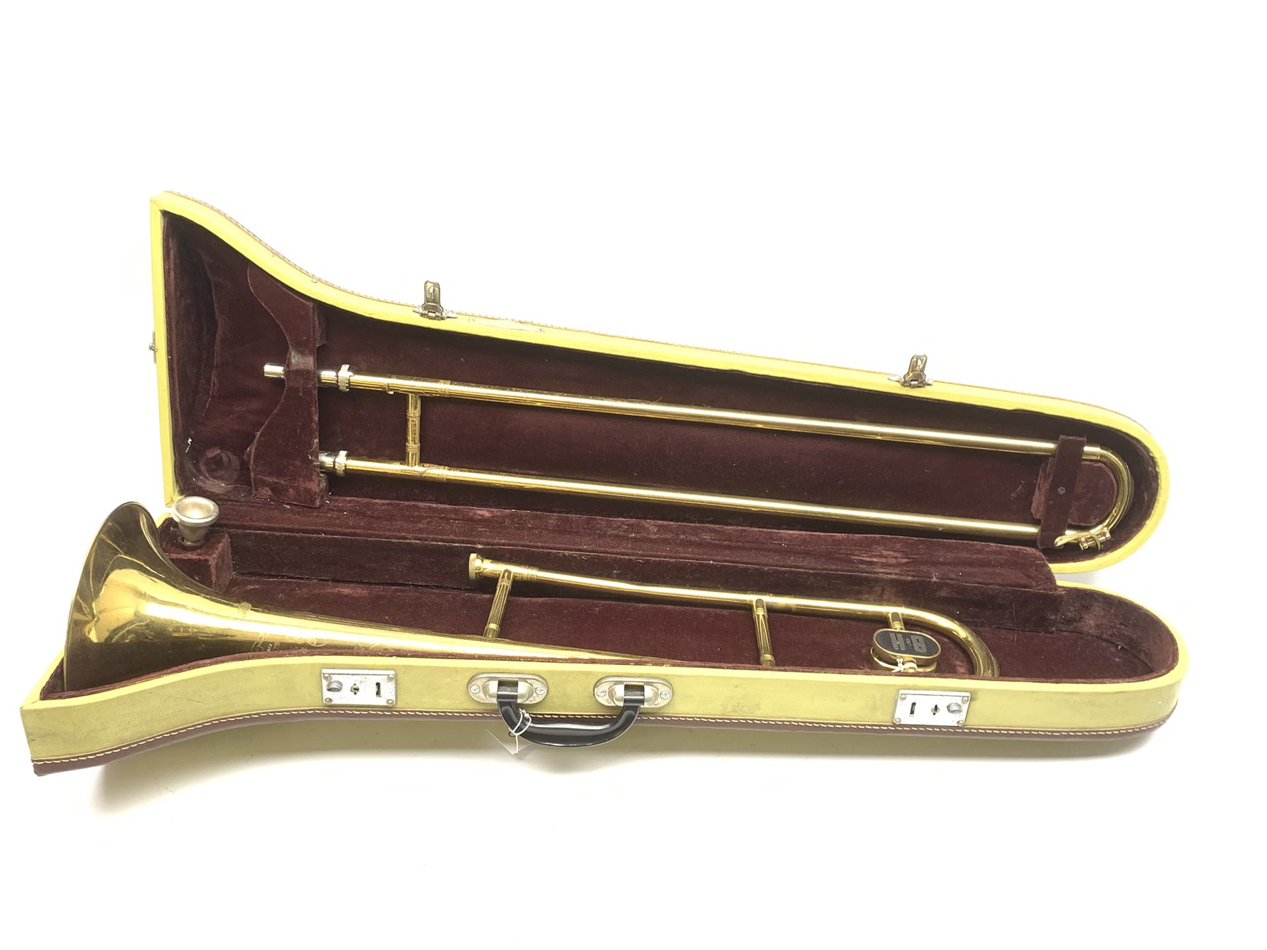 Skylark brass two-piece trombone, in fitted case with mouthpiece