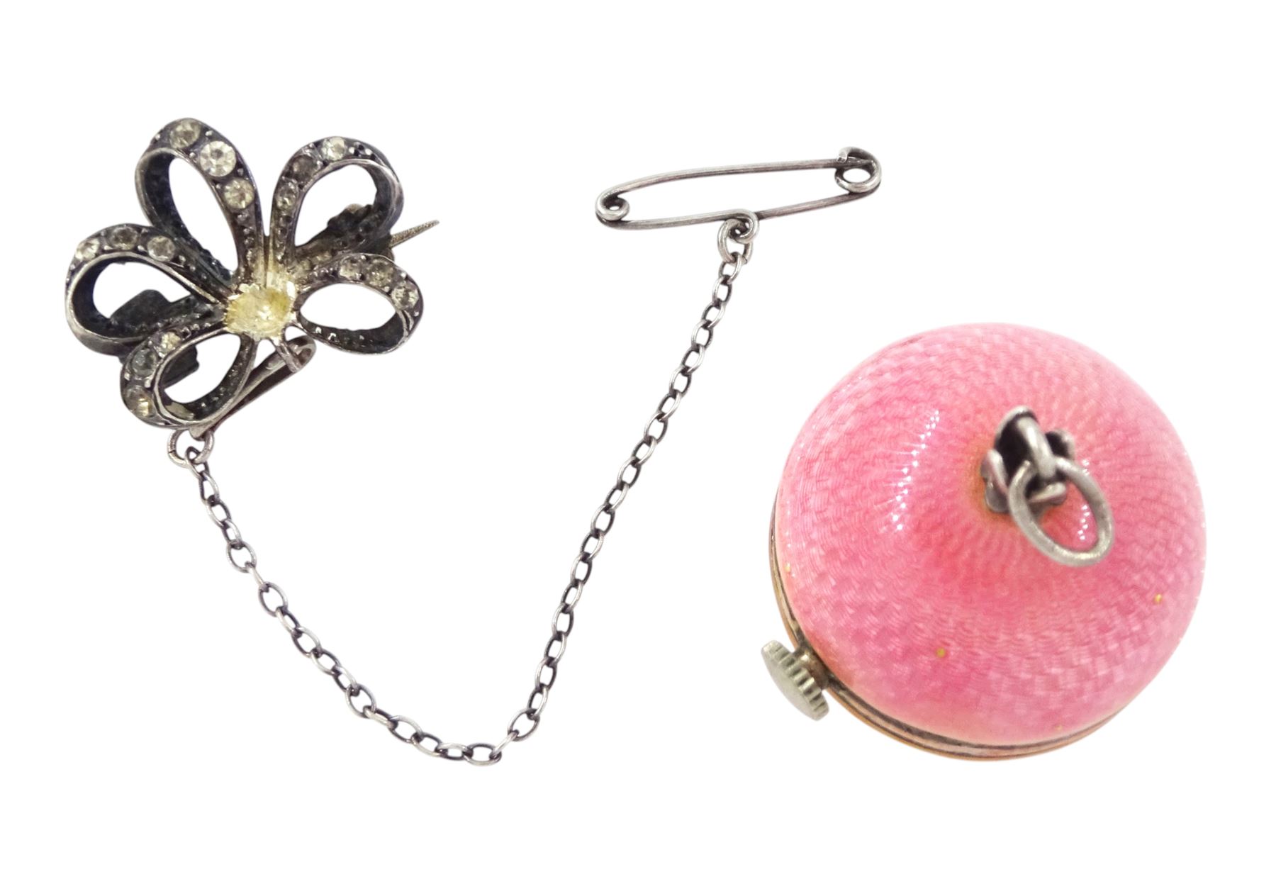 Early 20th century ladies keyless cylinder ball watch, silvered dial with Arabic hour markers and pink guilloche enamel decoration