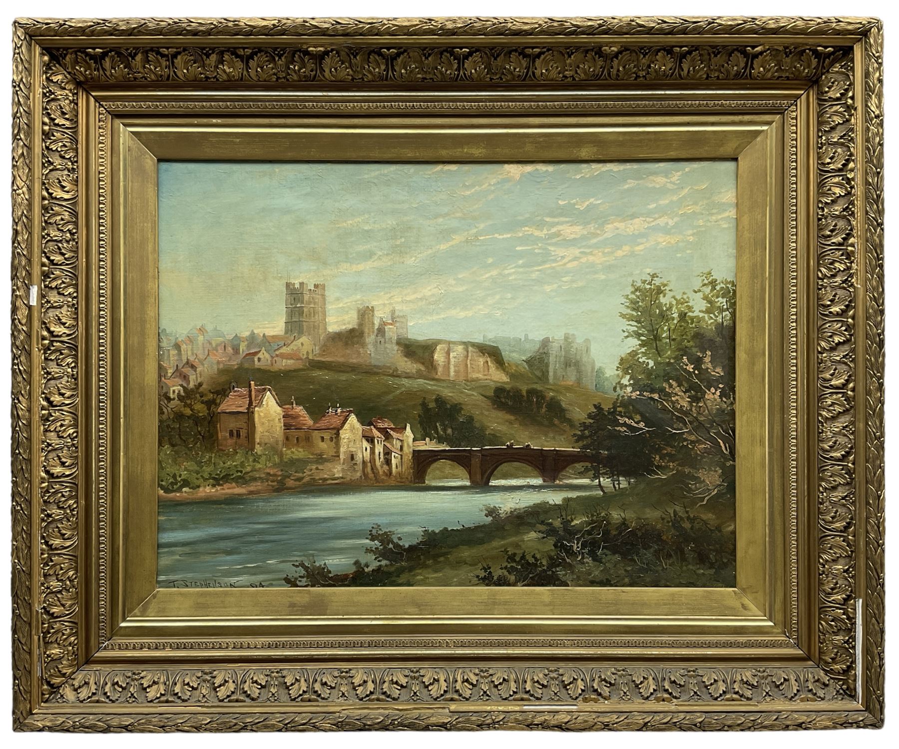 T Stephenson (British 19th century): Richmond Castle from the River Swale, oil on canvas signed and dated '94, housed in ornate gilt frame with foliate design 44cm x 59cm