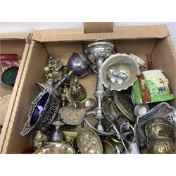 Silver plated items, including religious jar and cover, cruet set, flatware, etc, together with ceramics, glassware, Christmas decorations and other collectables, in four boxes