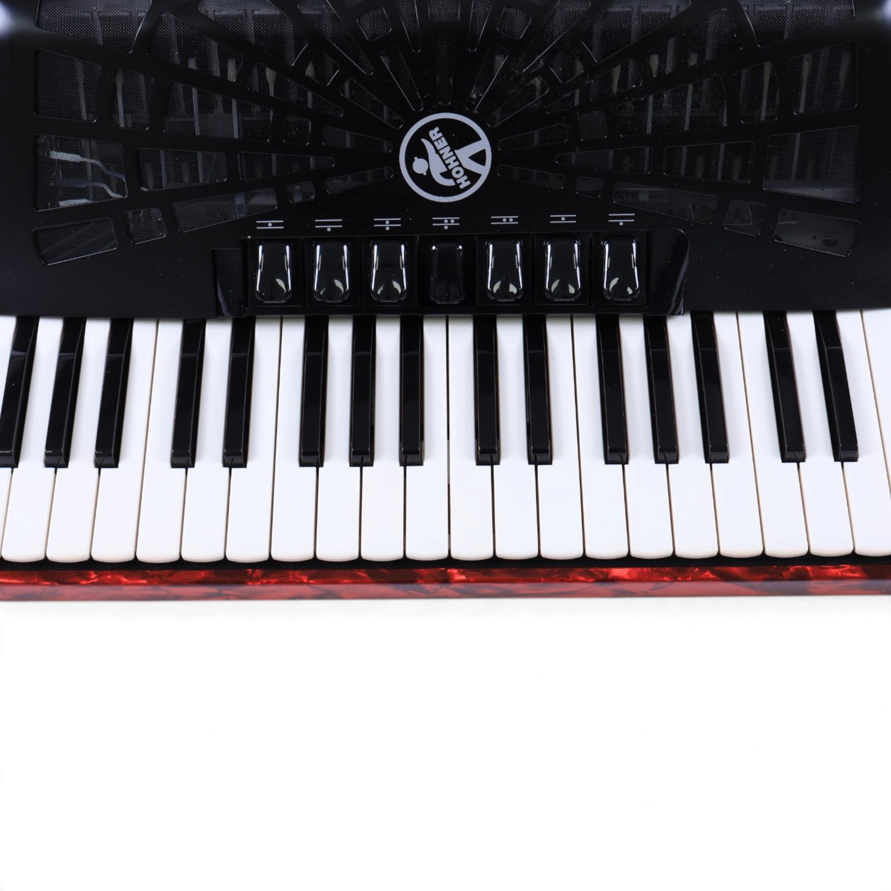 Hohner Bravo III accordion, with 96 bass buttons, pearlescent red case, with Hohner soft carry case and a Microvox microphone