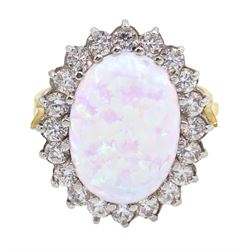 Silver-gilt oval opal and cubic zirconia ring, stamped Sil