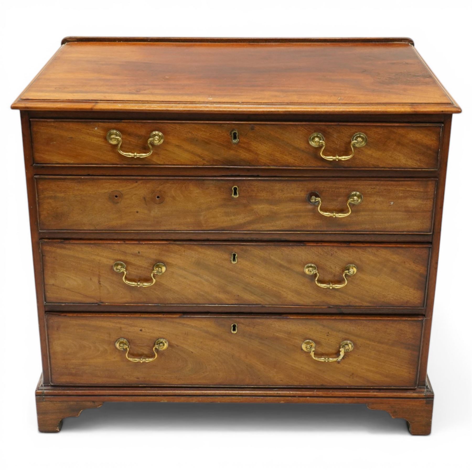 George III mahogany straight-front chest, rectangular top with moulded edge over four long graduating cock-beaded drawers, raised on bracket feet