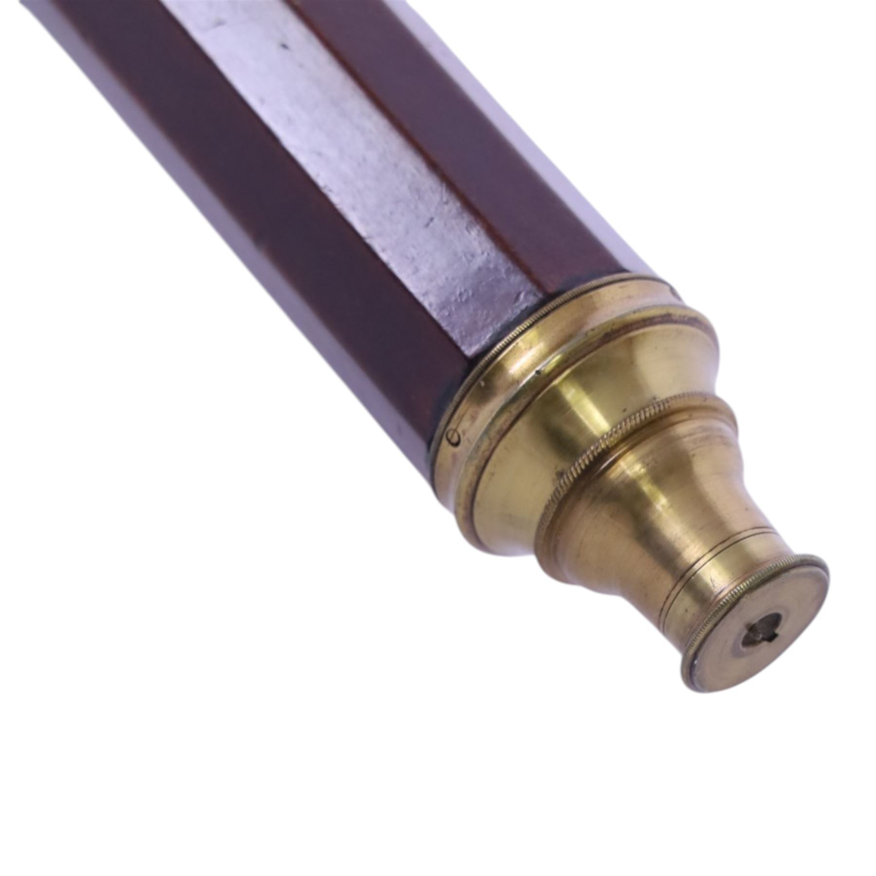 Late 18th century decagonal mahogany telescope, with brass eyepiece and cap, both with brass shutters, unmarked, upon wooden stand
