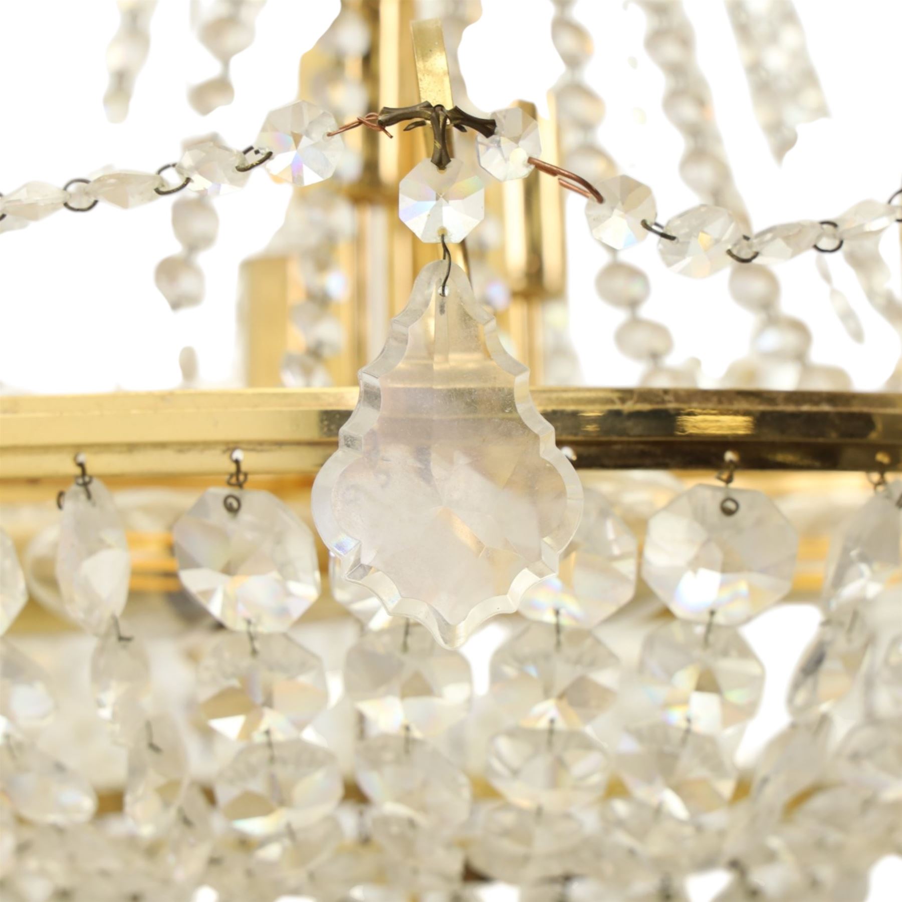 Art Deco style set of two chandeliers, brass and beaded glass, (H 60cm, Di 60cm) (H 75cm, Di 62cm) 