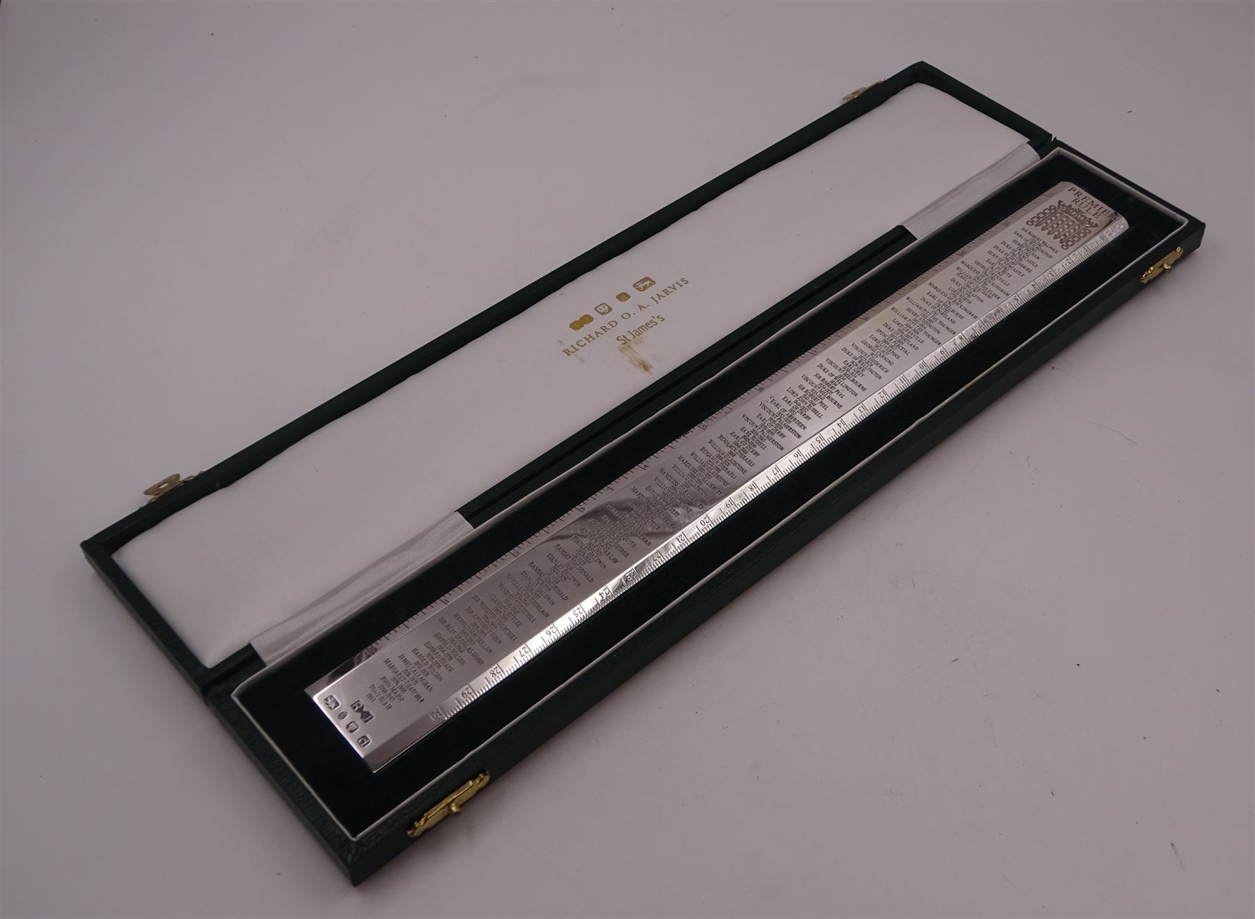 Modern silver 'Premier Rule' ruler, by Richard Jarvis of Pall Mall, engraved with the names and dates of British Prime Ministers from 1721 to 1997,  hallmarked Richard Jarvis, London 2003, L33.5cm, within silk and velvet lined fitted case
