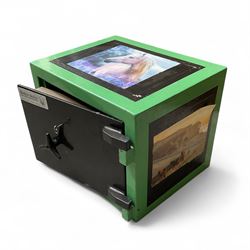 Green painted steel valuables safe, with key