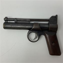 Webley 'Junior' .177 air pistol with top lever action and wooden grips; marked The Webley Junior .177 Webley & Scott Ltd Birmingham 4 Made in England to left side of cylinder; numbered 078 to muzzle and J3007 to trigger guard; L21cm; together with part tin of Webley .177 Special Pellets NB: AGE RESTRICTIONS APPLY TO THE PURCHASE OF THIS LOT.
