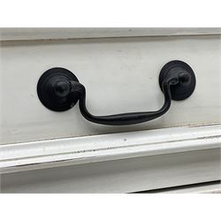 French design bombe shaped chest, moulded rectangular top over two short and three long drawers, on scrolled feet, in cream paint finish 