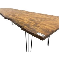 Rustic elm slab dining table, raw edge rectangular plank top, on black finish out-splayed supports 