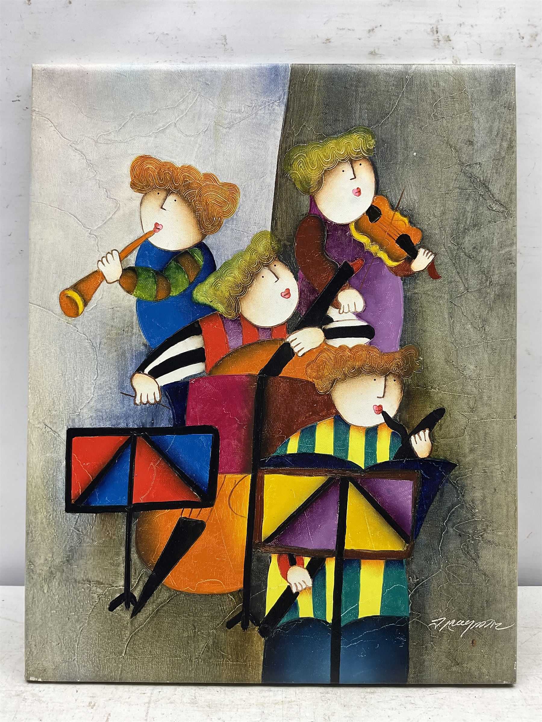 Attrib. Joyce Roybal (Italian 1955-): The Orchestra, oil on canvas indistinctly signed 51cm x 41cm (unframed)