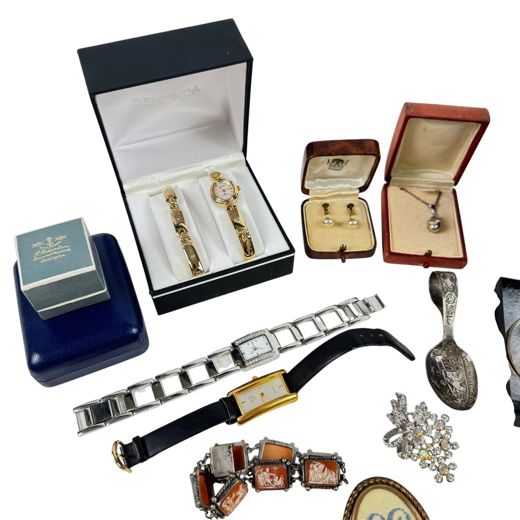Silver and silver jewellery, including ring, spoon, necklace, screwback earrings, etc, costume jewellery and wristwatches