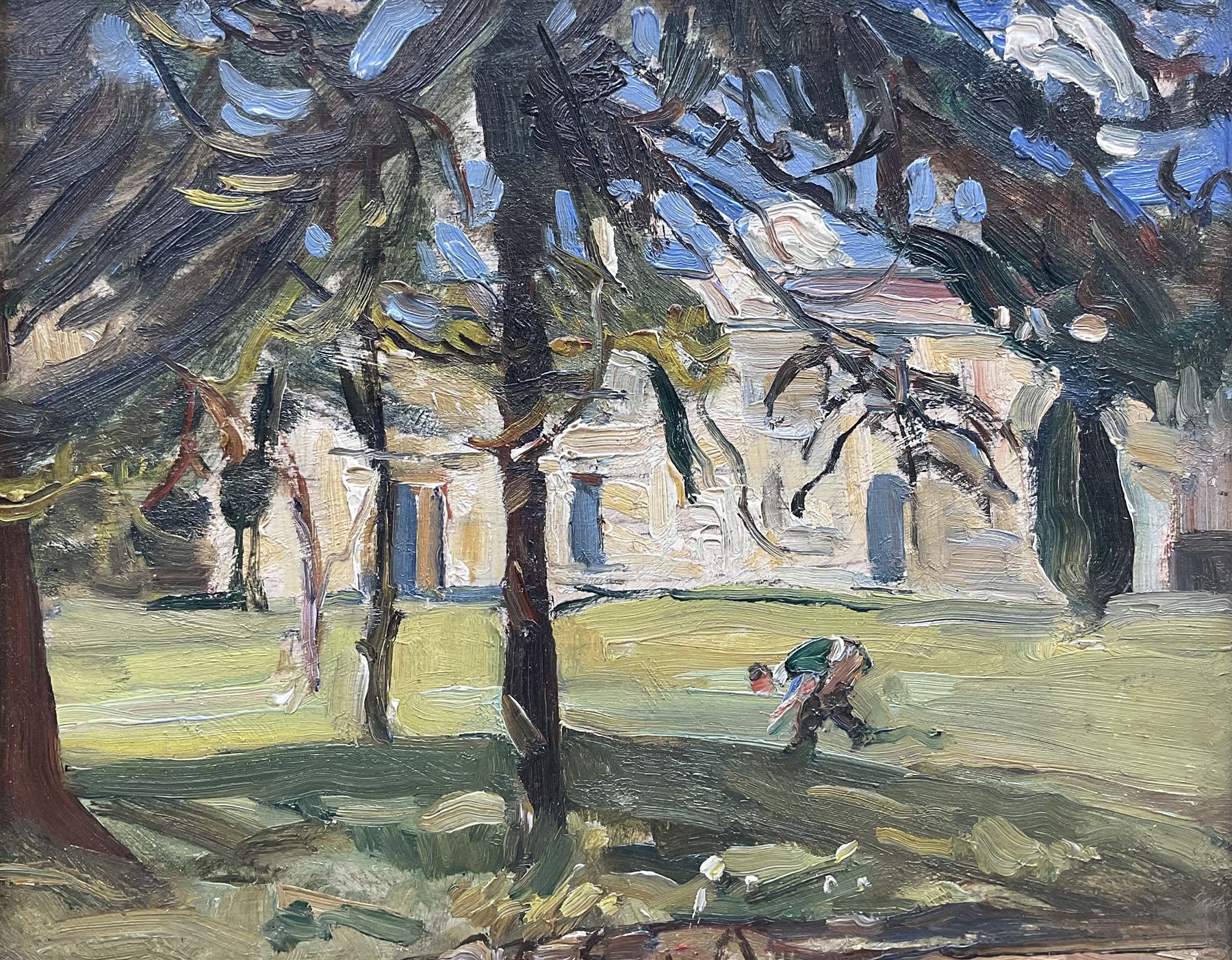 Florence Adelina Hess (Staithes Group 1891-1974): 'Under the Trees', oil on panel unsigned 21cm x 26cm 
Provenance: exh. Phillips & Sons, Marlow, June 1980, label verso