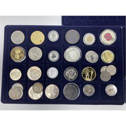 Commemorative, fantasy and other coinage, including George II 1754 farthing, George III 1773 farthing, cartwheel penny and cartwheel two pence, Queen Victoria Canada 1886 twenty five cents, various commemorative crowns etc, housed in three blue coin trays