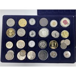 Commemorative, fantasy and other coinage, including George II 1754 farthing, George III 1773 farthing, cartwheel penny and cartwheel two pence, Queen Victoria Canada 1886 twenty five cents, various commemorative crowns etc, housed in three blue coin trays
