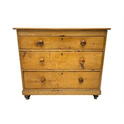 Victorian waxed pine chest, fitted with three graduating drawers, raised on turned feet
