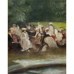 Emile Hoeterickx (Belgian 1853-1923): Fashionable Ladies in the Park, gouache and watercolour signed 46cm x 37cm