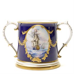 Lynton Porcelain Company loving cup, decorated with a British naval frigate, signed Stefan...