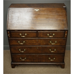  George III oak bureau, fall front enclosing fitted interior above two short and three long drawers, bracket supports, W98cm, H106cm, D56cm  