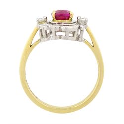 18ct gold and platinum Burmese ruby and diamond ring by Scarab London, single rectangular cushion cut unheated ruby of 1.13 carat, with a single French cut diamond set either side and round brilliant cut diamond surround, in a scrolling foliate design setting, with Alan Poultney Gems report, the ruby with The Gem & Pearl Laboratory report