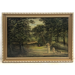 English School (19th century): Parkland Landscape with Figures, oil on canvas unsigned 29cm x 44cm 