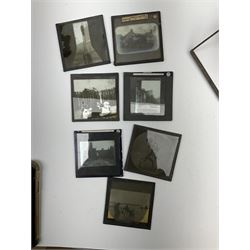 Large quantity of glass magic lantern slides and negatives - some identified as Chorley Astley area including Heskin Hall Country House views and interiors, country, beach, town and street scenes, some with figures and vehicles, some marked H.R. Dorning, one box predominantly shipping and boats etc