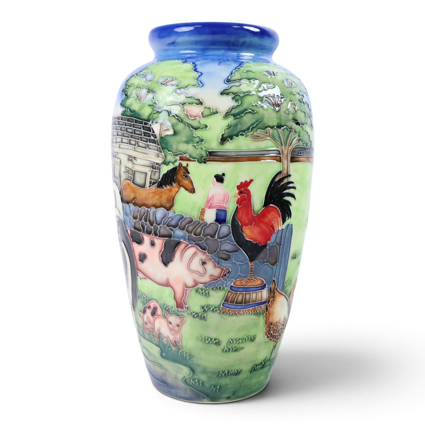 Five pieces Old Tupton Ware Farmyard pattern, comprising three vases, jug and teapot, largest vase H28cm