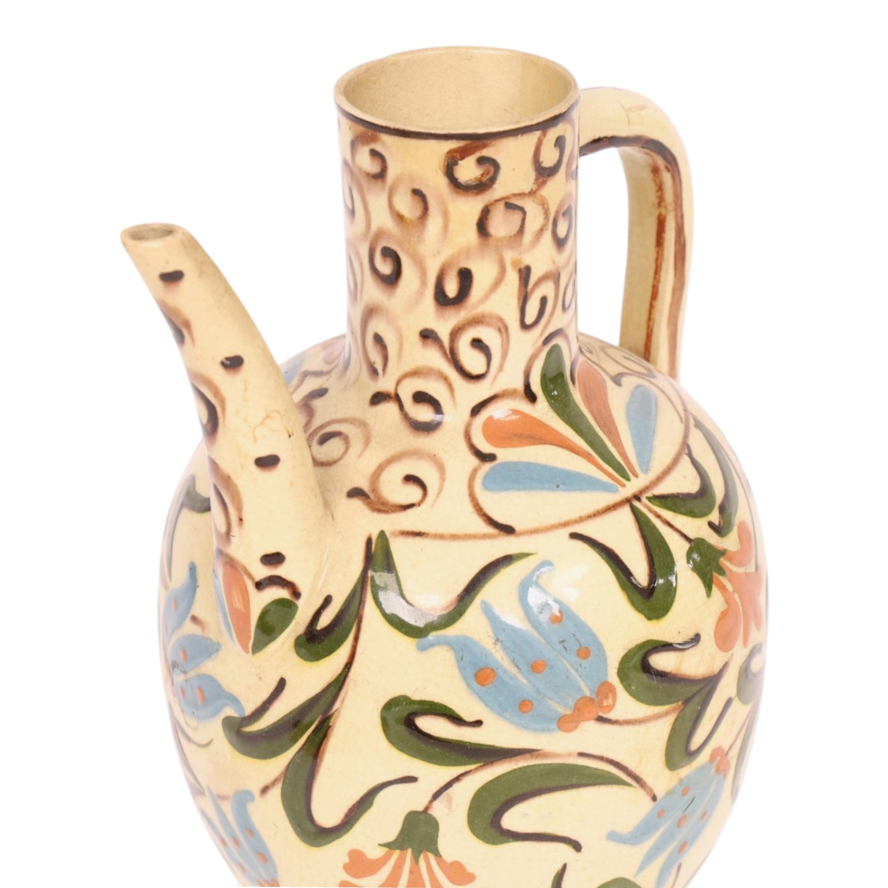 Iznik-style ewer, late 19th/early 20th century, the ovoid body painted with stylized flowers upon a cream ground, the neck with repeating scrolling boarder, H28cm