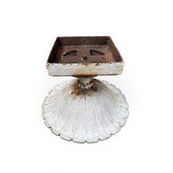 Coalbrookdale - pair of 19th century cast iron petal rim urns, squat form on square plinth, finished in distressed white paint, design registration number 133334, first registered 19 september 1860, number 19 in the Coalbrookdale Castings Catalogue (see illustration)