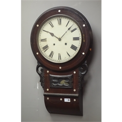  Late 19th century walnut drop dial wall clock, inlaid with mother of pearl, twin train movement, H71cm  