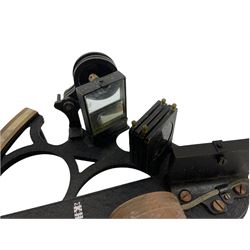 Kelvin & Hughes Ltd. sextant with black crackled finish, brass and silvered graduated arc and various coloured glass filters, serial no.61365, in fitted mahogany carrying box, certificate dated 1954, box W28cm, H14.5cm
