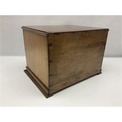 Victorian oak three drawer tabletop haberdashery chest advertising Morris Yeomans' Needles and Co, H27cm, L36cm
