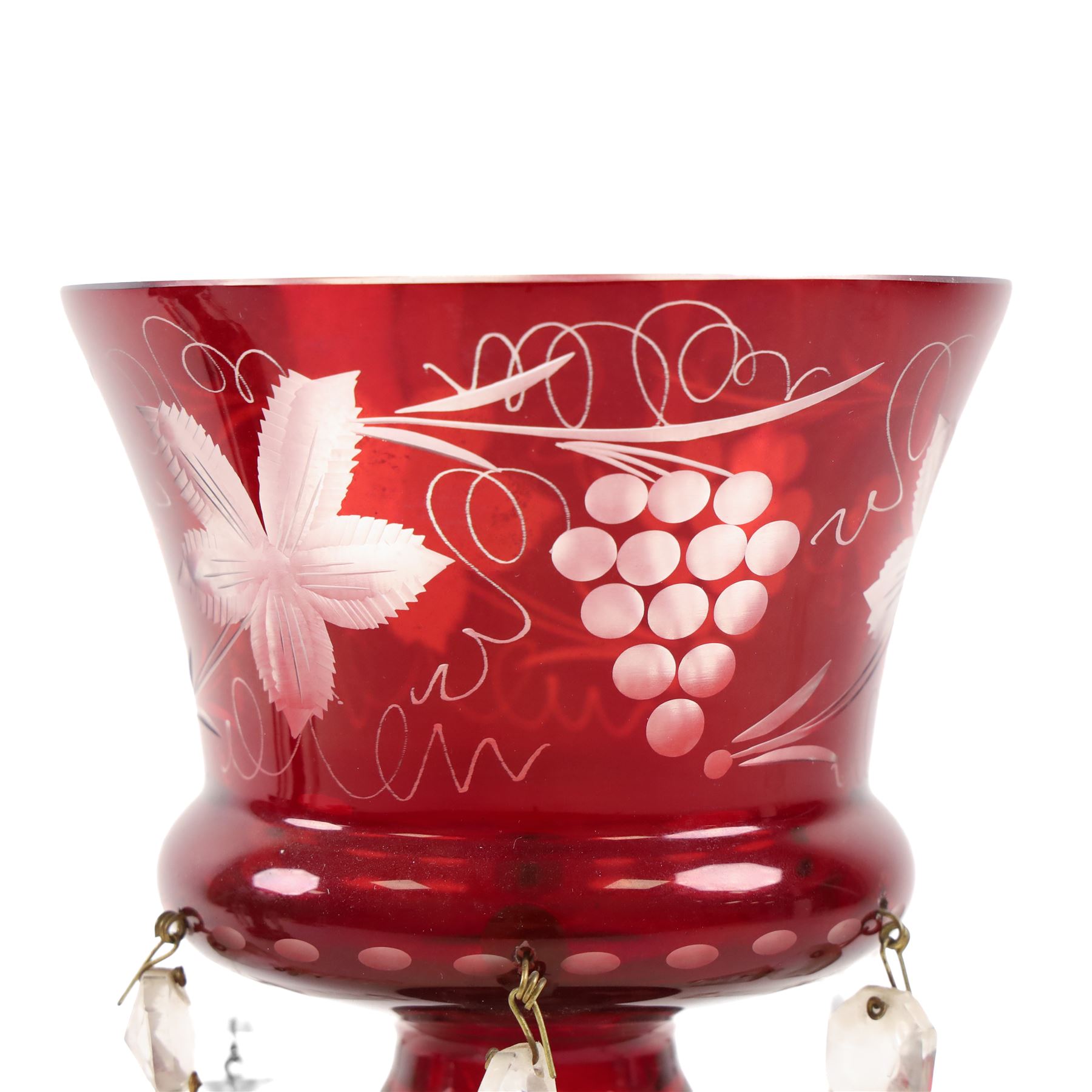 Pair of Victorian ruby glass lustres, with etched grape and vine decoration and clear glass droplets, H22cm 