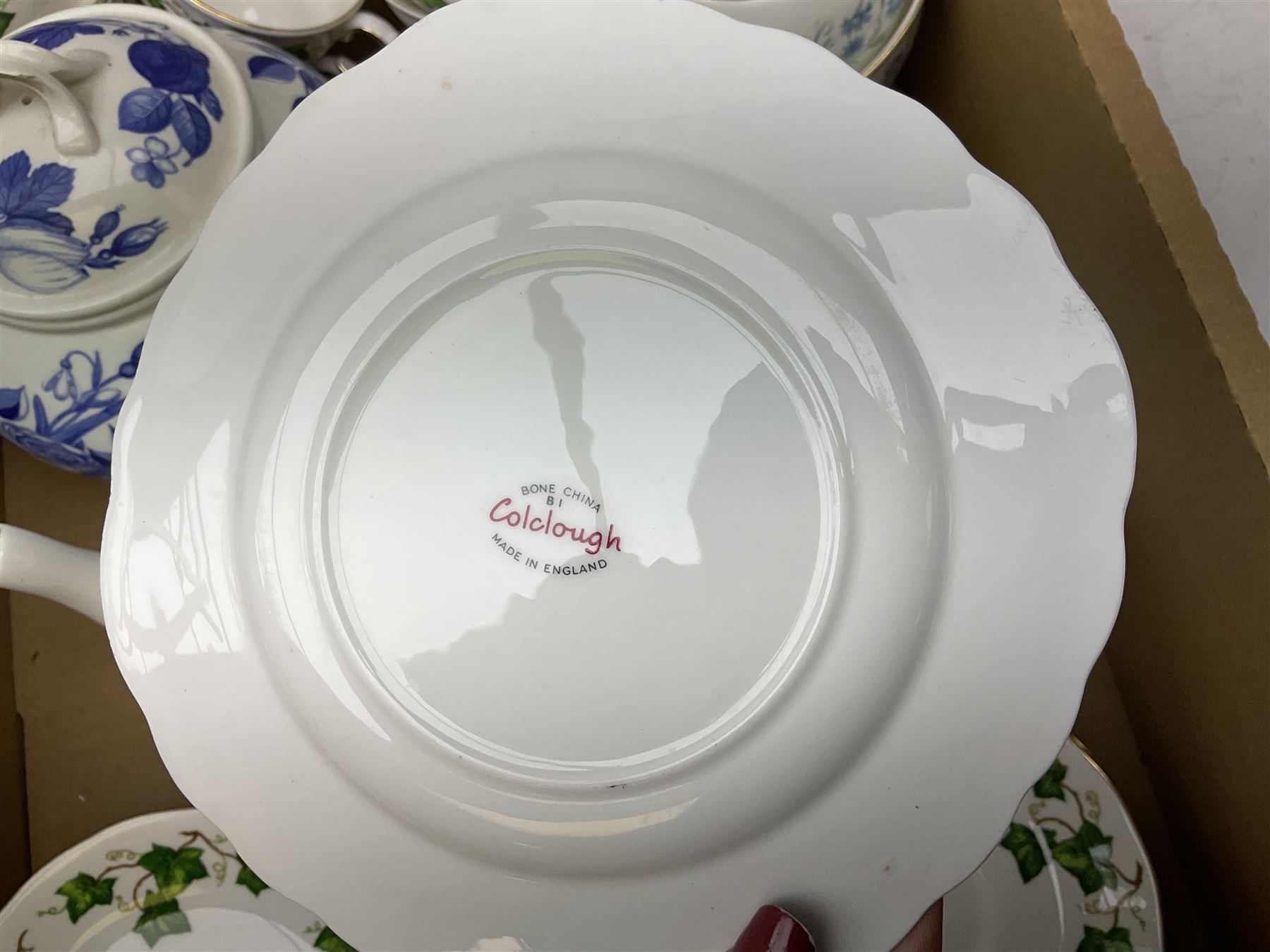 Quantity of teawares to include Coclough, Pearsons stoneware lidded twin handled pot, and other ceramics in two boxes