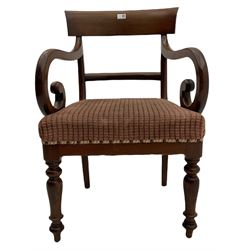 Late Victorian mahogany elbow chair, curved cresting rail over scrolled down swept arms, upholstered sprung seat, on turned front supports