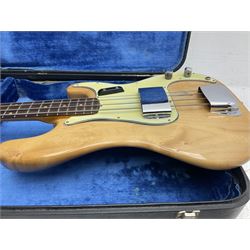 1962 Fender Precision bass guitar; re-finished in natural alder in the 1970s; impressed date code 5NOV62C to end of neck and serial no.90537 to back plate; L115.5cm; in replacement hard carrying case