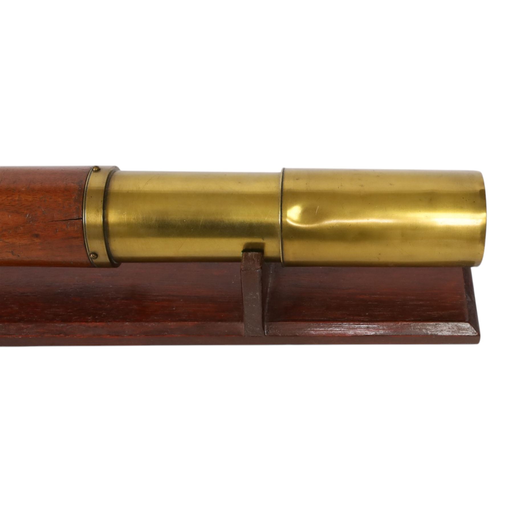 19th century single draw wooden telescope with brass mounts on a wooden stand, together with a mahogany and brass conical daylight enlarger and a B.I.T brass lens