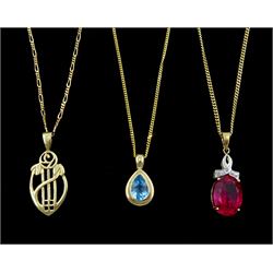 Three 9ct gold pendant necklaces including Mackintosh design, pear shaped blue topaz and red paste stone and diamond set