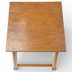 Mouseman - square lightly adzed oak lamp table, with memorial inscription, from Clifton Methodist Church, on octagonal supports with carved mouse by the workshop of Robert 'Mouseman' Thompson