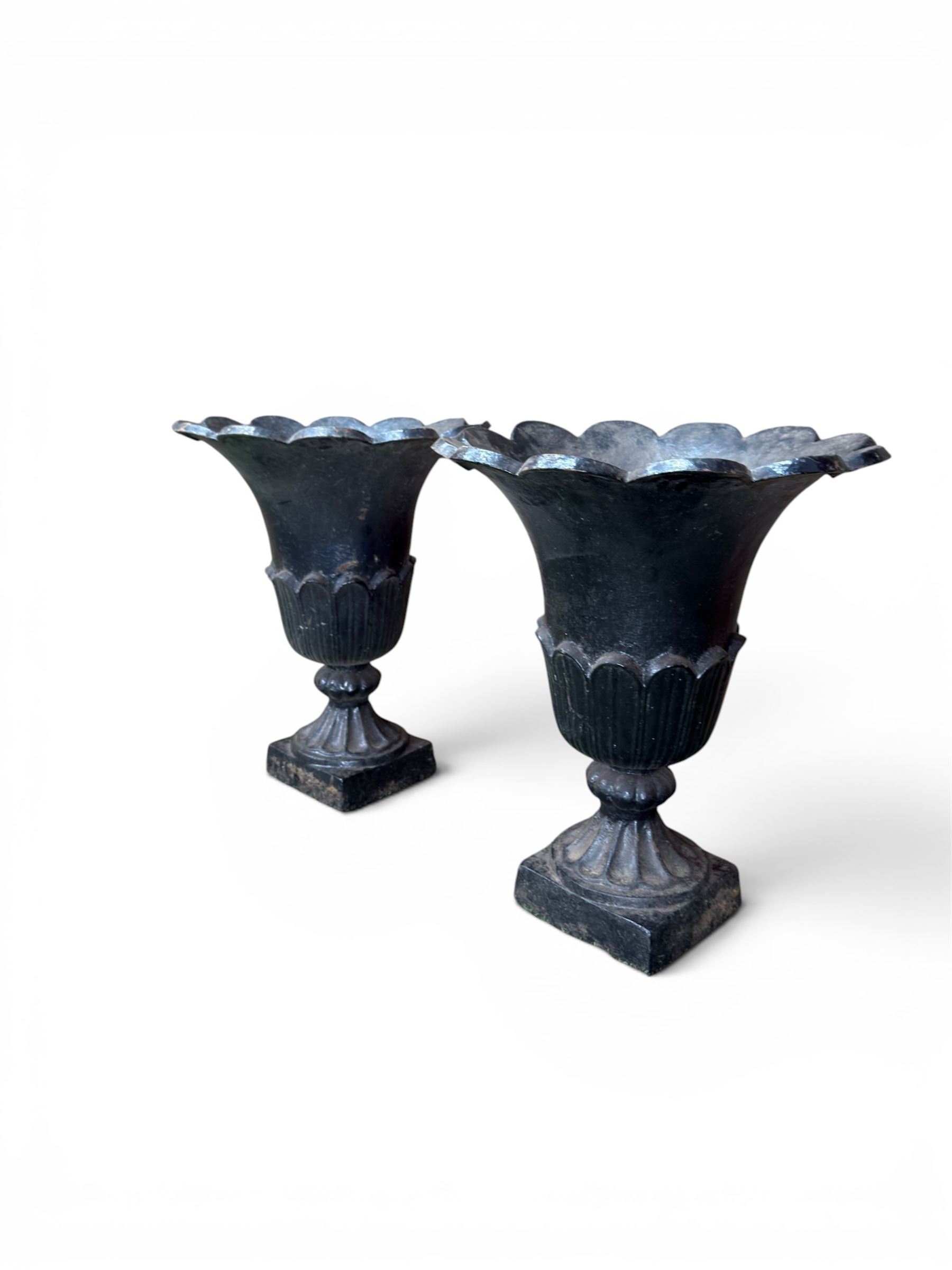 Pair of Victorian large scale cast iron garden urns, flared petal shaped rim with tapering waist, gadrooned base on square plinth, finished in black paint
