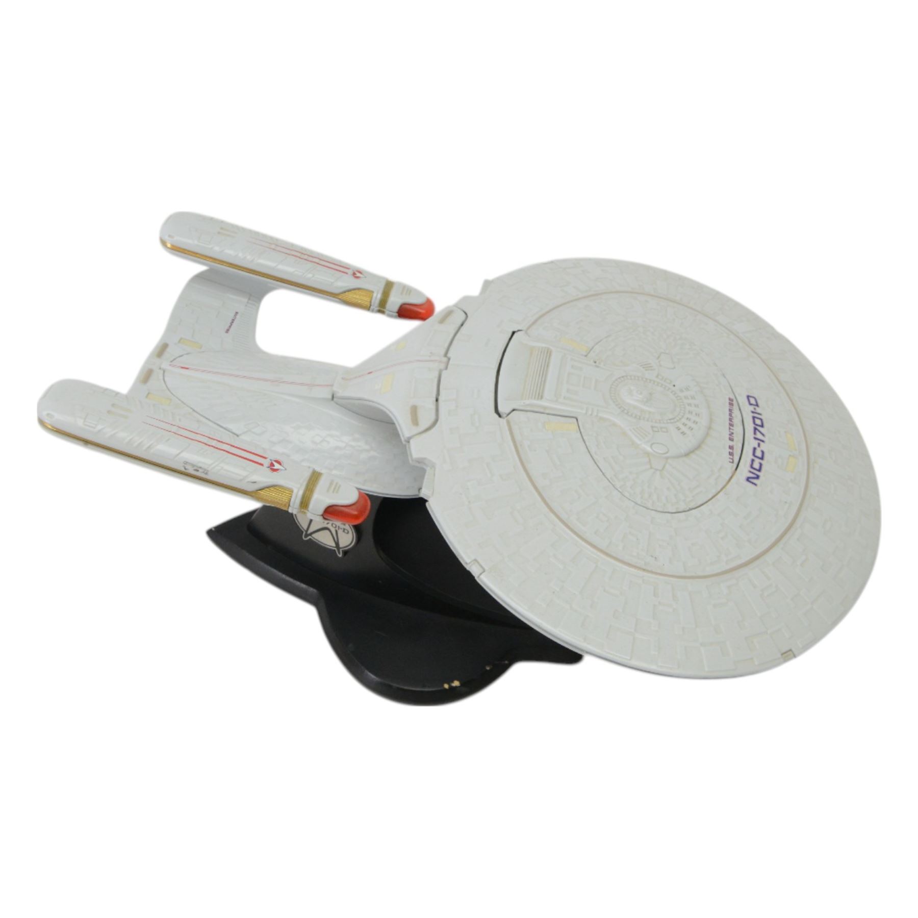 Two Paramount Pictures Star Trek die cast models, comprising USS Enterpirse NCC-1701-D and 25th Anniversary Edition USS Enterprise NCC-1701, both with stands