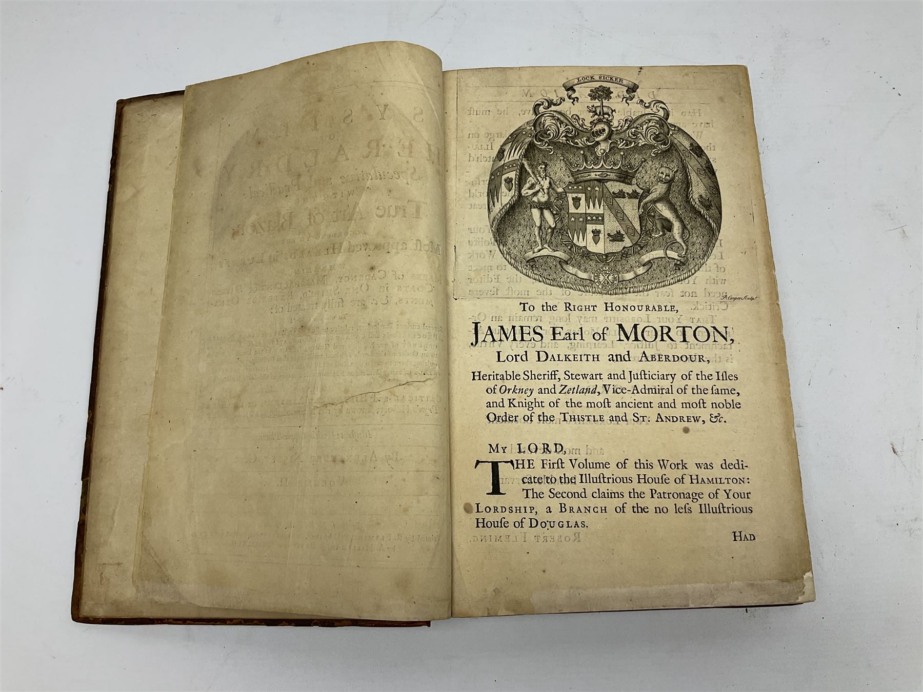 Nisbet Alexander: A System of Heraldry Speculative and Practical with the True Art of Blazon According to the Most approved Heralds in Europe[...], R. Fleming, Edinburgh, 1722, 1742, 2 vols, engraved plates, full calf binding re-backed using original boards 
