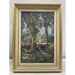 John Neale (British 20th century): 'Midsummer by a Stream', oil on board signed, titled on label verso 36cm x 24cm